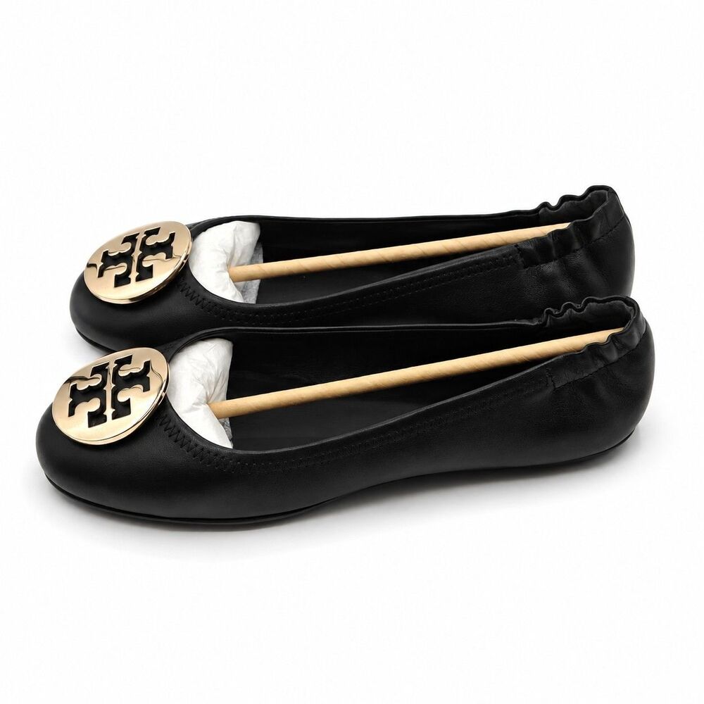 Tory Burch Minnie Travel Ballet Flats Women's 8 Black Gold Nappa Leather 50393 - Picture 2 of 7